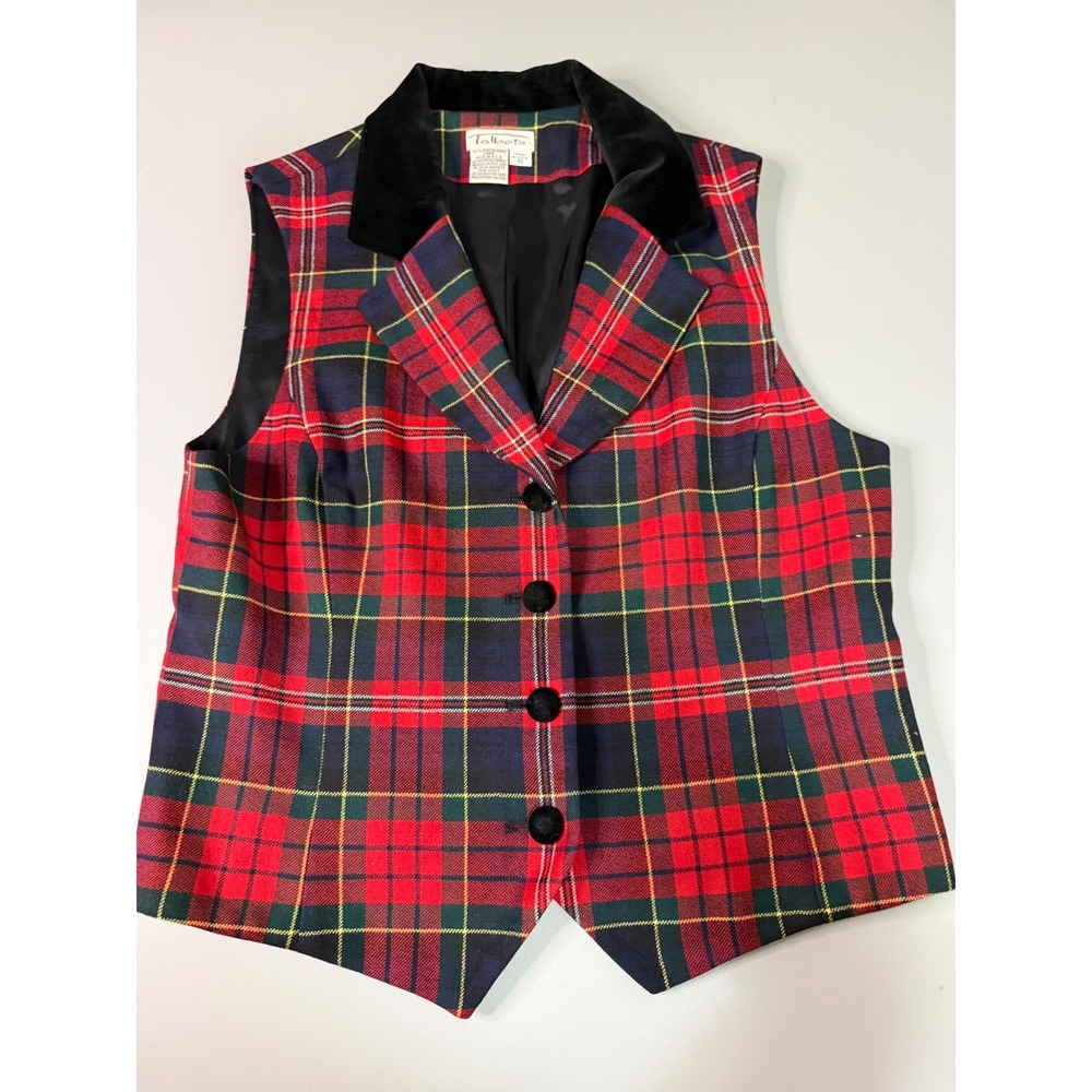 Talbots Vintage Red Plaid Wool Vest Velvet Collar Size 10 Made in USA Holiday